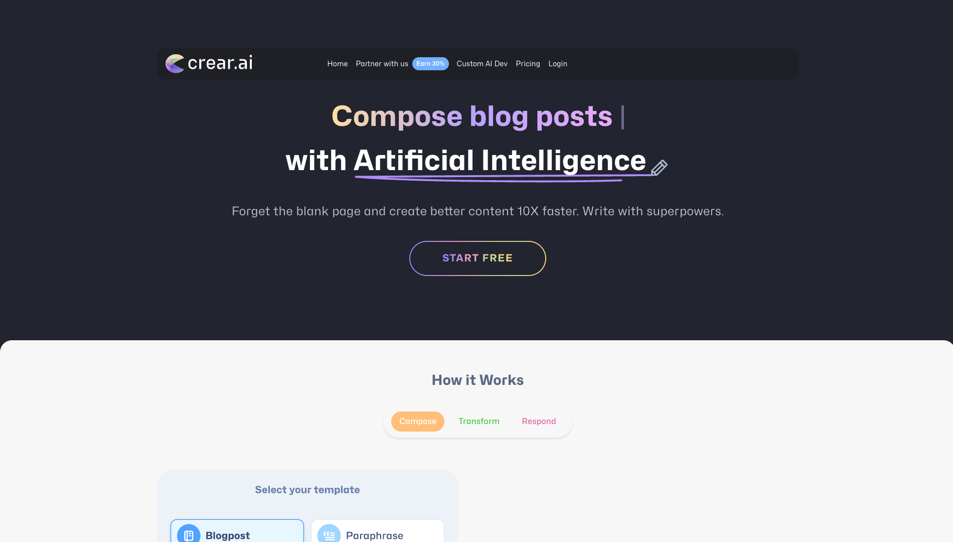 Screenshot of Crear.ai Homepage